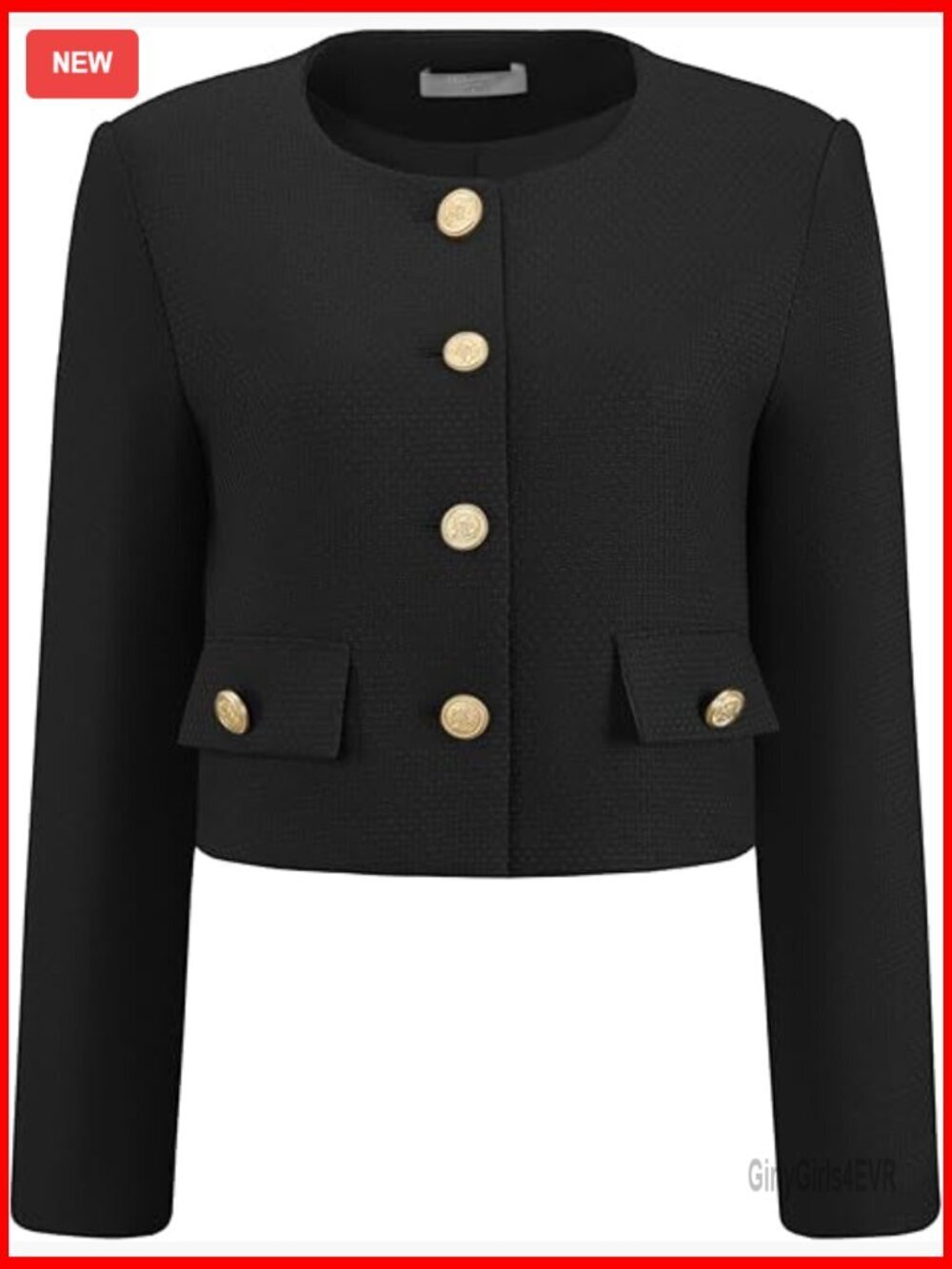 Tweed Cropped Blazer Collarless Button Down Long Sleeve Work Office